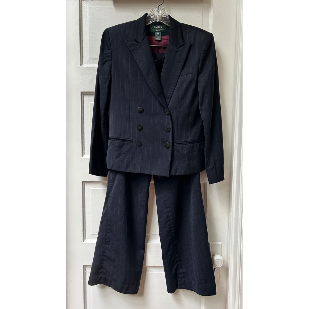 Lauren Ralph Lauren Navy Pinstripe Wool Double Breasted Pant Suit 10 Petite Flaw